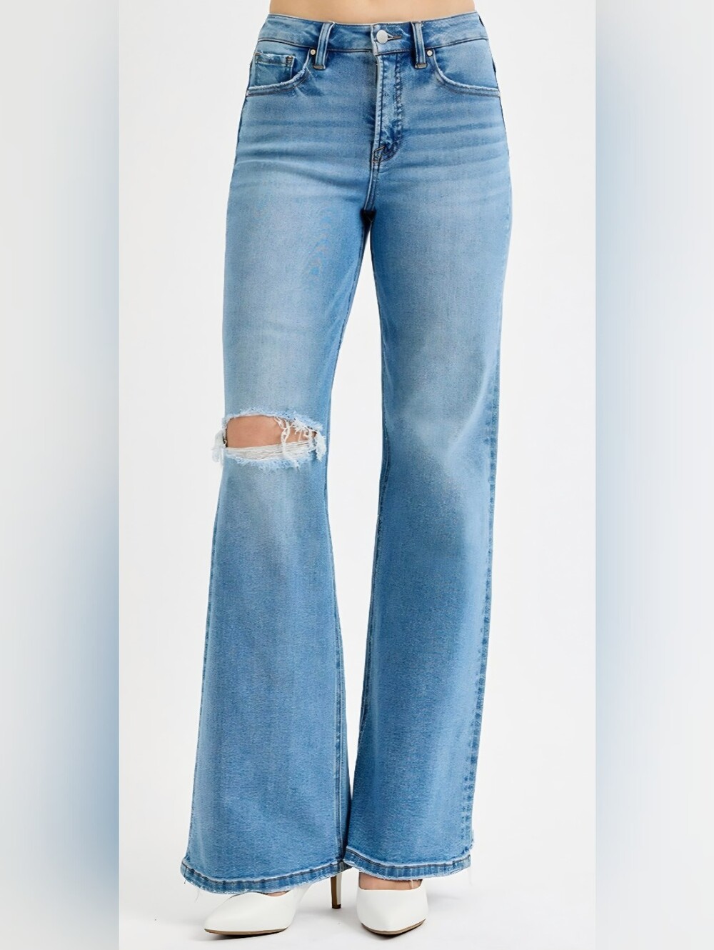 RISEN Women's Tummy Control Wide Leg Jeans Knee Distress Medium Wash HR 3/26 NEW - Picture 3 of 14